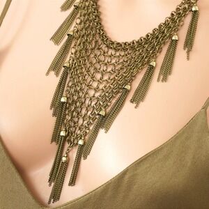 Bronze Tone Statement Chainmail Boho Steampunk Necklace with tassels
